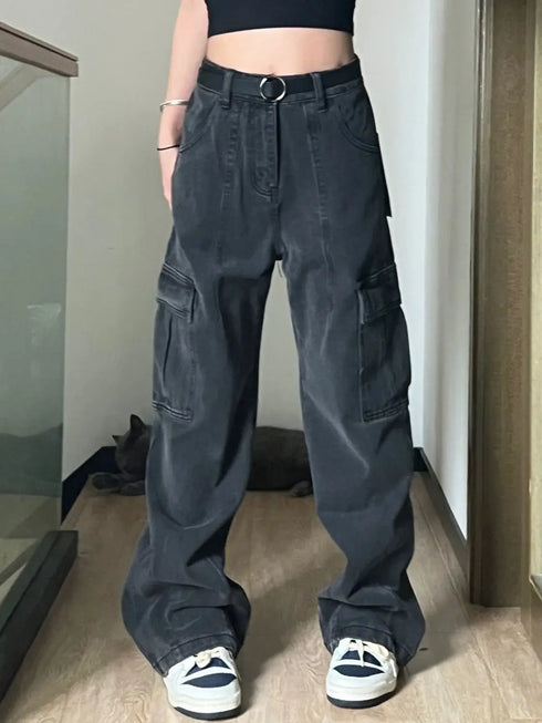 Autumn Women Harajuku Cargo Baggy Jeans Wide Leg Streetwear