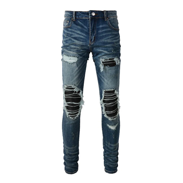 Men Leather Patch Biker Jeans Skinny Tapered Streetwear Trousers