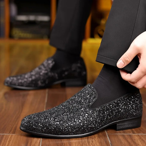 Elegant Men's Sequin Loafers for Weddings and Formal Parties - Designer Slip-On Flats with Pointed Toe and Comfortable PU Insole