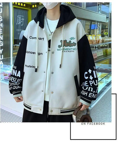 Men's Casual Hooded Jacket M-6XL - Spring and Autumn Korean Fashion Loose Fit Coat with Baseball Jersey Style and Letter Pattern