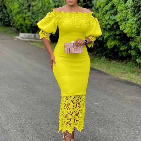 Trend Fashion Lace Midi Dress Women Off-Neck Bodycon Style