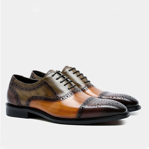 Genuine Leather Color Block Cap Toe Oxford Shoes for Men