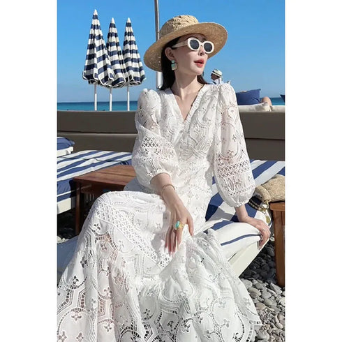 Elegant Embroidery White Lace Long Dress for Women Evening Occasion