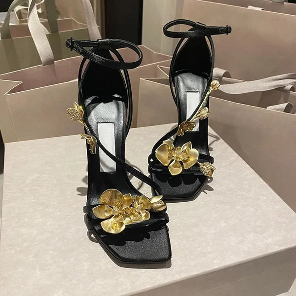 Golden Flowers High Heels Women Sandals Party Dress Shoes Pumps