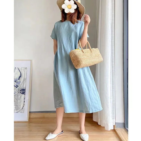 Loose Fit Slimming Cotton Linen Dress for Women Summer Plus Size Mid-Length Skirt