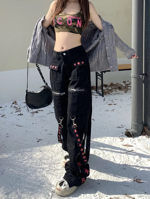 Gothic Y2K Baggy Jeans for Women - Trendy Black Denim Straight Leg Trousers for Hip Hop and Harajuku Styles, Perfect for Fall Outfits and Streetwear Fashion