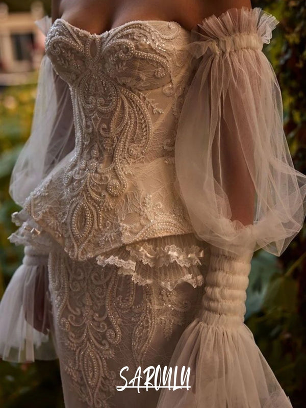 Beaded Corset Wedding Dress Off Shoulder Lace Tulle Gown With Appliques Elegant Mermaid Silhouette Timeless Elegance