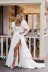 Customized Pure White Satin Long Puff Sleeves Wedding Dress A-Line Open Back Square Collar