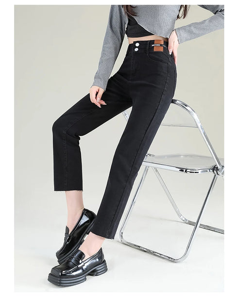 Slim Straight Elastic Denim Pipe Pants for Women - Versatile All-Season Trousers with Pockets and Tie Dye Details for Trendy Fall Outfits