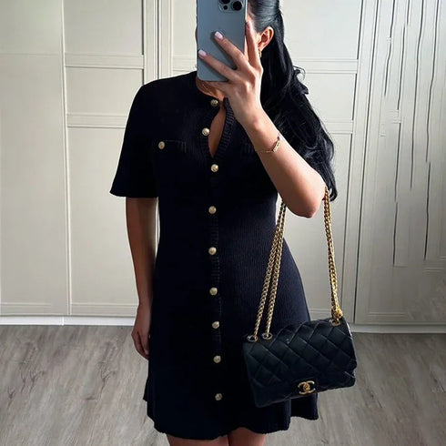 Elegant Knitted Mini Dress for Women Slim Fit Ribbed Knit with Metal Buttons Short Sleeve Holiday Party Dress