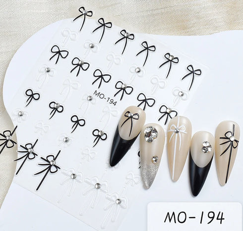 5D Embossed Nail Art Stickers - Semi-Transparent White Bowknots Adhesive Sliders for Creative Manicure Decorations and Nail Art Accessories