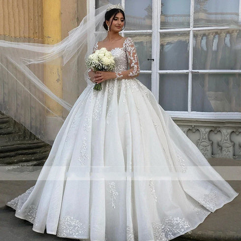 Customized Glitter Long Sleeves Ball Gown Wedding Dress for Women Bride with Chapel Train
