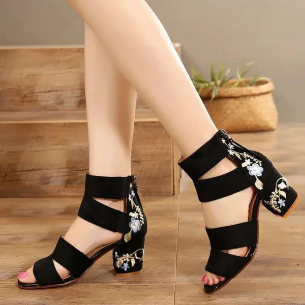 Embroidered Vintage Mid Heel Summer Sandals For Women