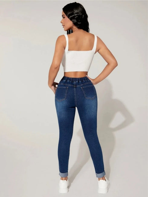 Autumn and Winter Women's Stretch Elastic Waist Jeans Fashion Skinny Ankle-Length Denim Pants