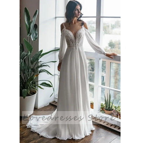 Customized Deep V Neck Straight Wedding Dresses Chiffon Gown
