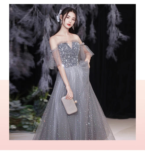 Off Shoulder Lace Illusion A Line Dress Floor Length Glitter Tulle Bow Bridesmaid Dress