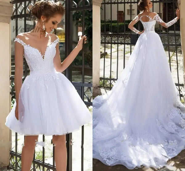 Two Piece Short Wedding Dresses With Detachable Train Lace Beach Bride