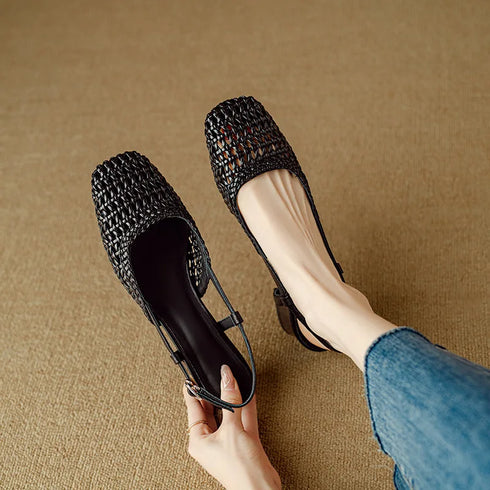 Woven Square Toe Mid Heel Sandals For Women Stylish