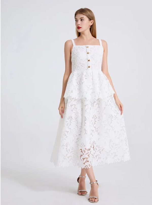 Embroidery Lace Long Cake Dress for Women Evening and Birthday Parties