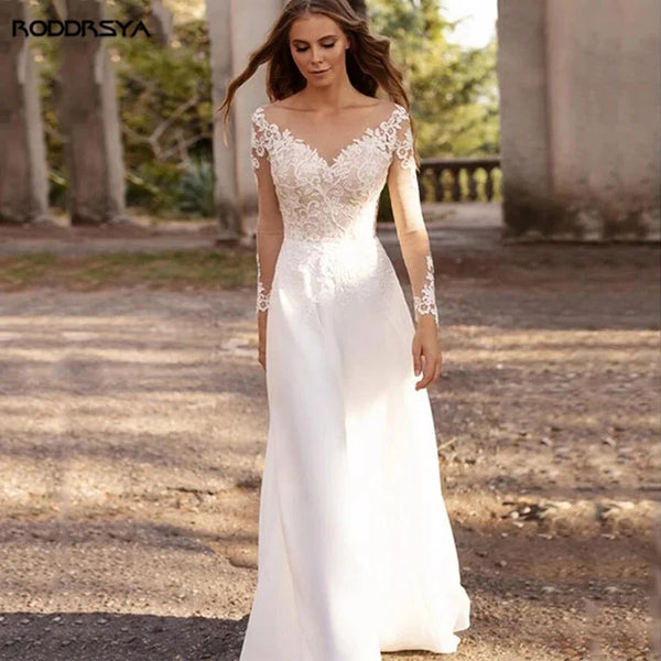 Boho Illusion Backless Floor-Length Gown Plus Size Wedding Dress With Lace Sleeves Chiffon