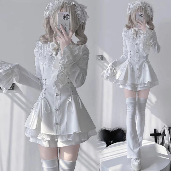 Gothic Lolita Dress Set Lace Bow Ruffles Collar Mini Dress Party