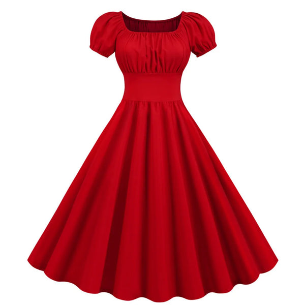 Red Square Neck Summer Dress Women V Neck Vintage Midi Dresses