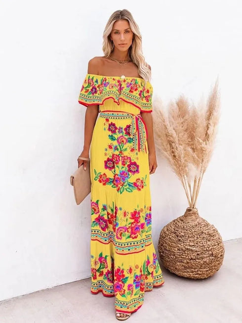Elegant One-shoulder Short-sleeved Dress For Women Fashion Splicing Floral Print Dresses