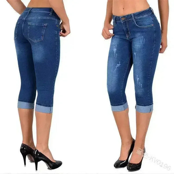 High Waist Denim Jeans For Women Knee Length Pencil Pants With Pockets And Stretch Casual
