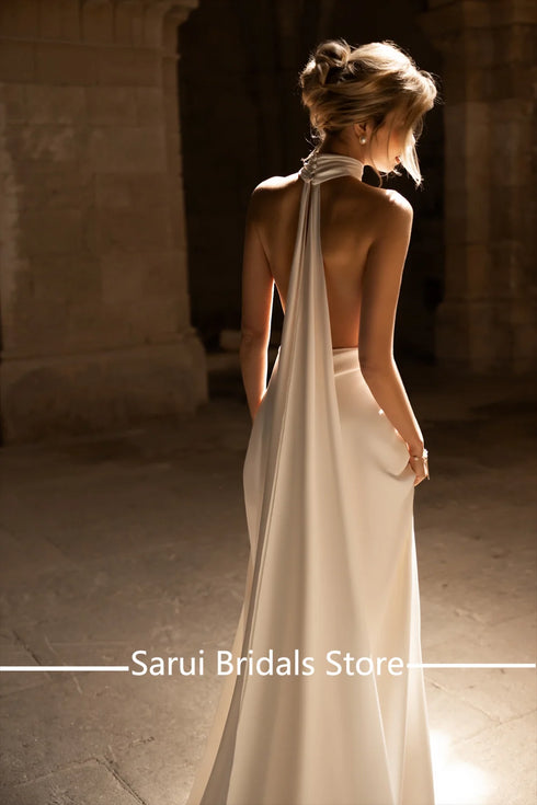 Halter Satin Sleeveless Deep V-Neck Wedding Dress Sexy Mermaid Backless Wedding Gown for Bridal