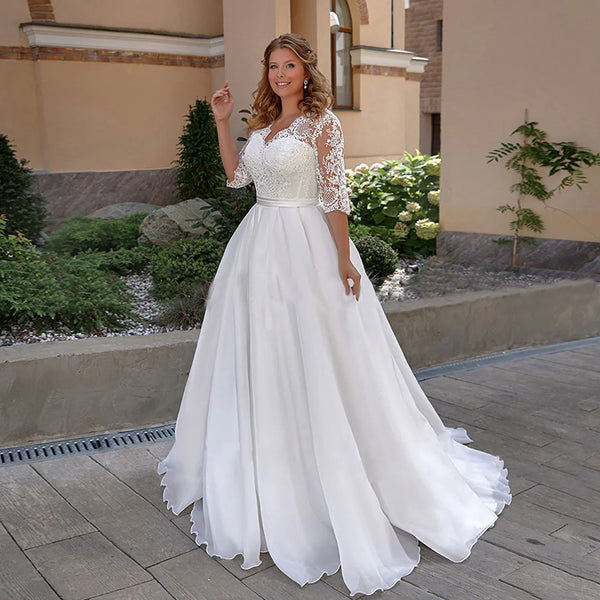 Elegant Plus Size Wedding Dress Half Sleeves V Neck Applique A Line Lace Up Bridal Gown