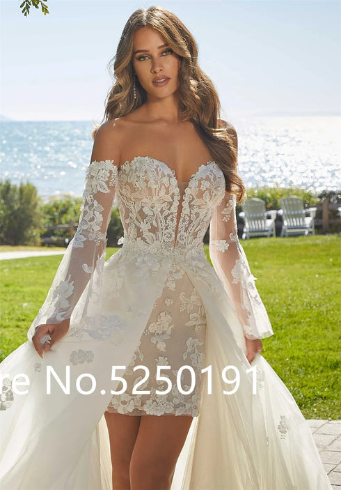 Popular Sweetheart Full Lace Short Sheath Wedding Dresses With Detachable Train 2 In 1 Bridal Gown