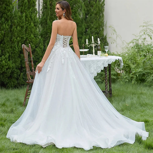 Popular Strapless V-Neck 3D Flower Lace Applique A Line Wedding Dresses