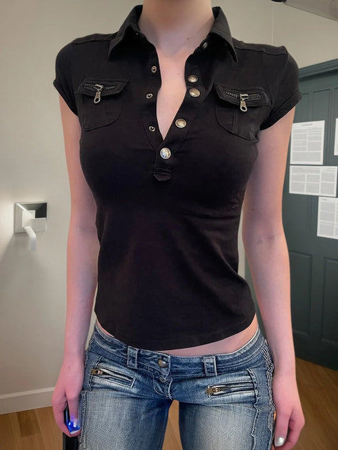 Fashion Safari Style Summer New Hottie Chic Polo Shirts Metal Button Slim Fit Design Packets Causal T-Shirts