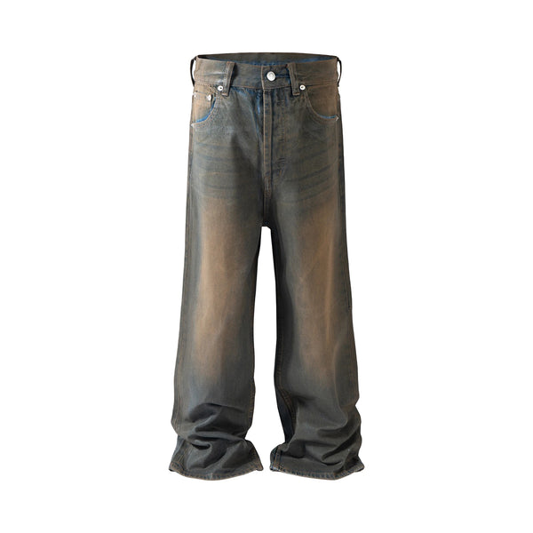 Oil Wax Coating Distressed Silhouette Jeans Baggy Denim Trousers