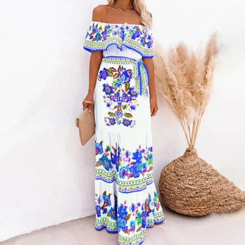 Elegant One-shoulder Short-sleeved Dress For Women Fashion Splicing Floral Print Dresses