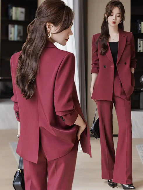 Elegant Women's Casual Blazers Coat and Wide Leg Pants Set - Professional Two Piece Suit for Autumn Style and Comfort