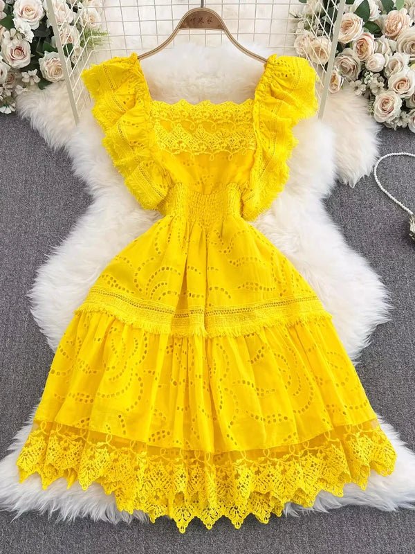 Women Elegant Party Dress Summer Vintage Square Neck Ruffles Short Sleeve A-line Robe