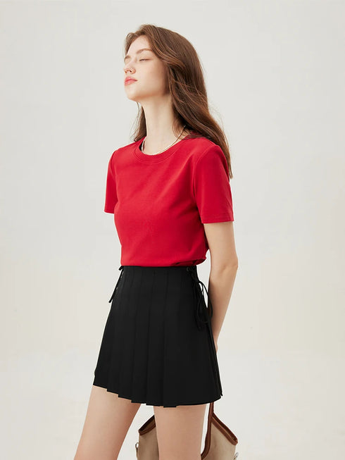 FSLE【4 Colors】Women Round Neck Casual Grey Summer T-Shirt Black Cotton Square Neck Short Sleeve Elastic Tees 24FS12797+24FS12798