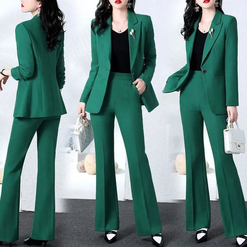 Elegant Women's Blazer Coat and Trousers Suit Set - Stylish Casual Outfit for Office and Autumn Wear with Flare Pants and Slim Fit Design