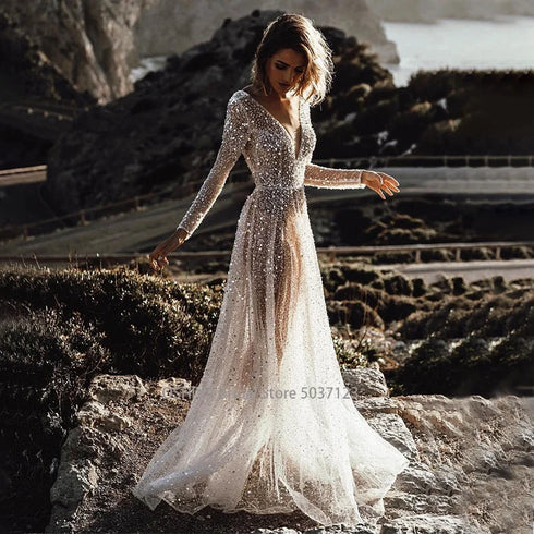 Mordern V- Neck Sequins Wedding Dresses Long Sleeves Gowns