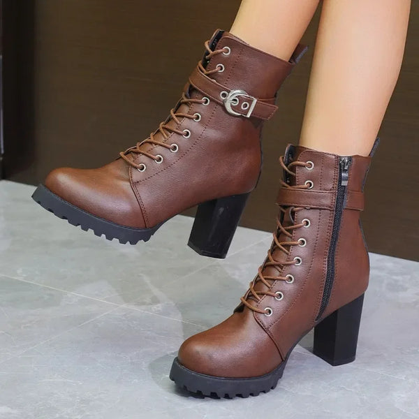Lace Up Zipper Women's Winter Boots Round Toe Ankle High Heels