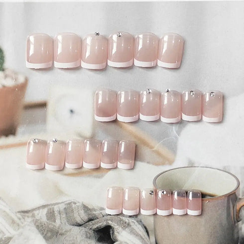 24pcs Elegant French White Short Acrylic False Nails with Rhinestone Design - Full Cover Press-On Nail Tips for Effortless Nail Art and Professional-Quality Nail Supplies