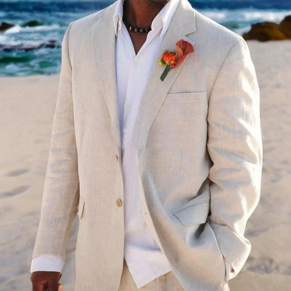 Beige Linen Wedding Suits for Men Beach Groom Tuxedo Jacket Pants