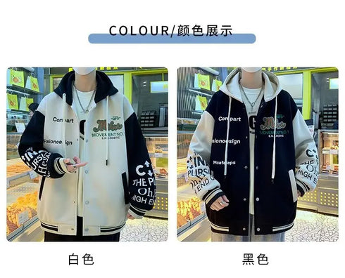 Men's Casual Hooded Jacket M-6XL - Spring and Autumn Korean Fashion Loose Fit Coat with Baseball Jersey Style and Letter Pattern