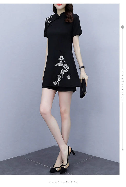 Women's Suit Chinese Style Outfits Matching Crop Top Shorts Two Piece Sets Summer Retro Cheongsam Lady Clothes