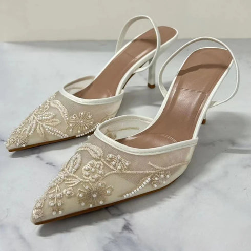 Mesh Embroidered Floral Slingback Heels Sandals For Women