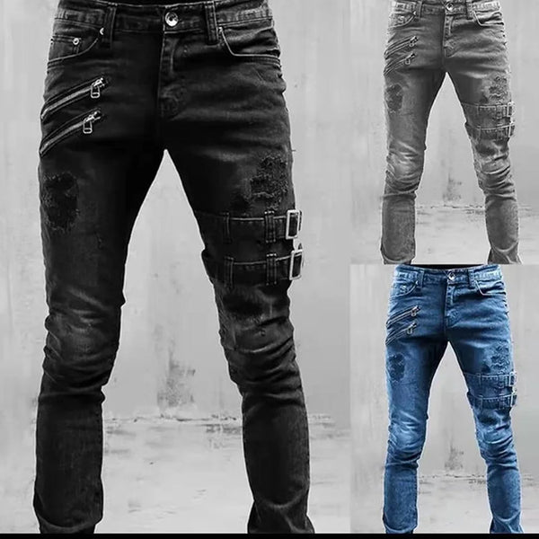 Men Zipper Hole Streetwear Punk Skinny Denim Cargo Pants