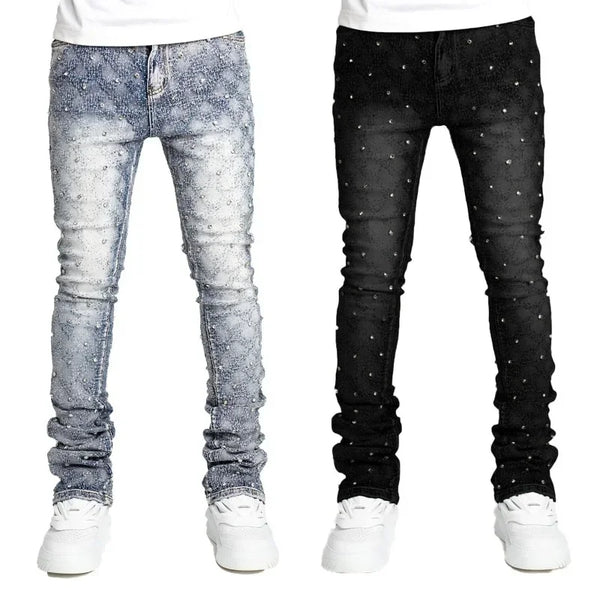 Personality Stacked Jeans for Men Slim Fit Stretchy Denim Pants