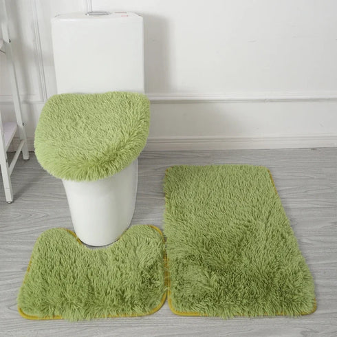 3 Piece Solid Color Bathroom Carpet Set Non-Slip Toilet Lid Cover Rugs Kit