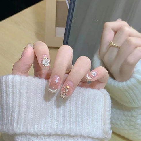 24Pcs Long Acrylic Ballet Fake Nails with Rhinestone Chain Design - Full Cover Press-On Nail Tips for Stylish Nail Art Enthusiasts